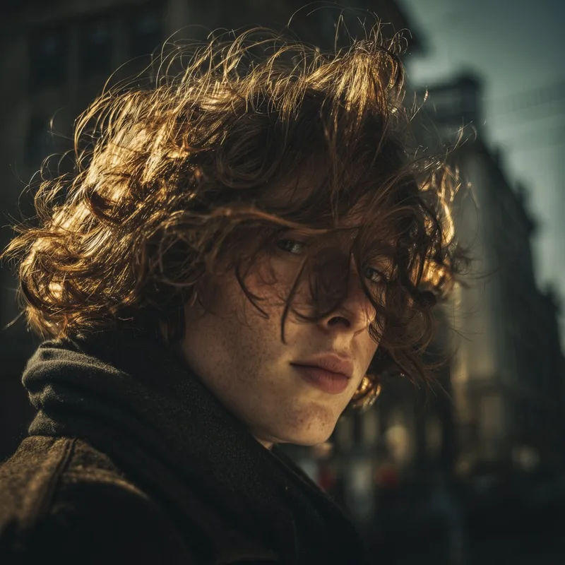 Portrait with windblown curly hair and dramatic backlight